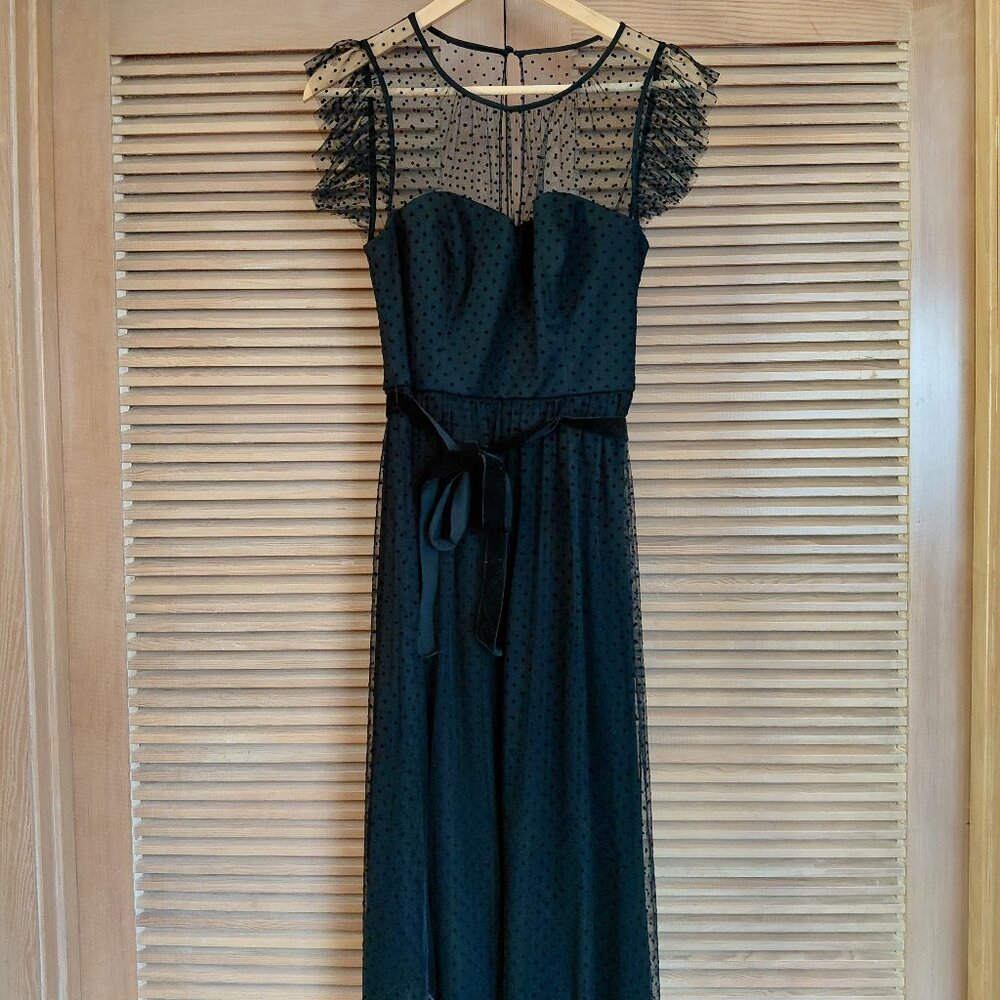JW Jason Wu Black Flocked Dot Illusion Mesh Short Sleeves Midi Dress Size 6